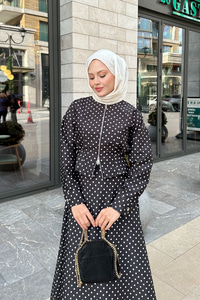 Puantiyeli Fermuarlı Etekli Takım Siyah