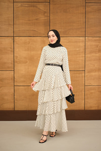 Puantiyeli Kat Kat Kemerli Elbise Beyaz