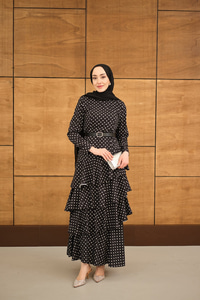 Puantiyeli Kat Kat Kemerli Elbise Siyah