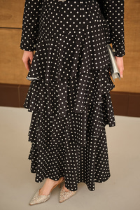 Puantiyeli Kat Kat Kemerli Elbise Siyah