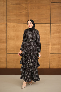 Puantiyeli Kat Kat Kemerli Elbise Siyah