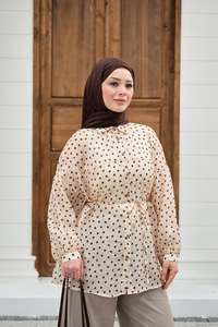Puantiyeli Tül Detay Bel Bağlamalı Gömlek Krem