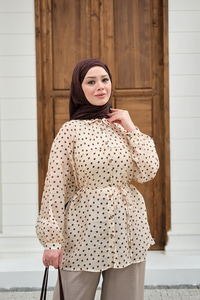 Puantiyeli Tül Detay Bel Bağlamalı Gömlek Krem