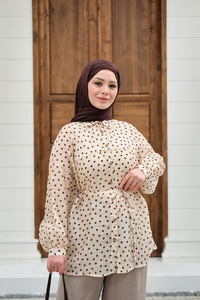 Puantiyeli Tül Detay Bel Bağlamalı Gömlek Krem