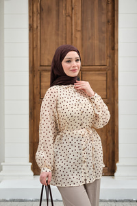 Puantiyeli Tül Detay Bel Bağlamalı Gömlek Krem