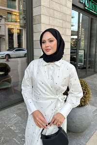 Puantiyeli Yandan Bağlamalı Elbise Beyaz