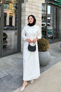 Puantiyeli Yandan Bağlamalı Elbise Beyaz