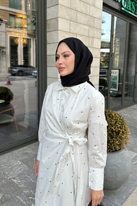 Puantiyeli Yandan Bağlamalı Elbise Beyaz