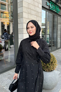 Puantiyeli Yandan Bağlamalı Elbise Siyah