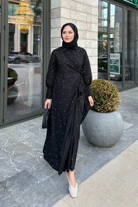 Puantiyeli Yandan Bağlamalı Elbise Siyah