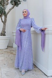 Pul Detay Abiye Lila