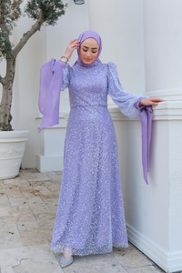 Pul Detay Abiye Lila