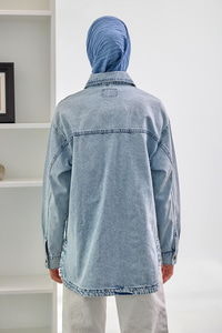 Pul Detay Jean Ceket Buz Mavi