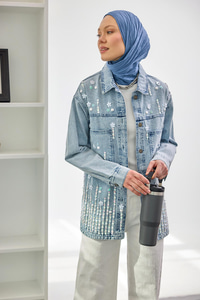 Pul Detay Jean Ceket Buz Mavi