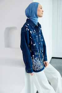 Pul Detay Jean Ceket Koyu Mavi