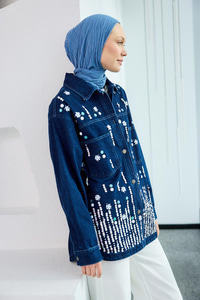 Pul Detay Jean Ceket Koyu Mavi