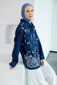 Pul Detay Jean Ceket Koyu Mavi