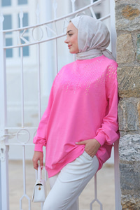 Pul Detaylı İki İplik Tunik Pembe