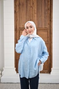 Pul Detaylı Kendinden Desen Gömlek Açık Mavi