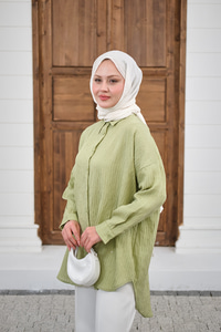 Pul Detaylı Kendinden Desen Gömlek Fıstık Yeşil