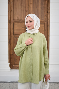 Pul Detaylı Kendinden Desen Gömlek Fıstık Yeşil