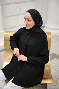 Pul Detaylı Kendinden Desen Gömlek Siyah