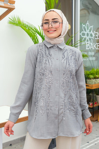 Pul İşlemeli Gömlek Gri