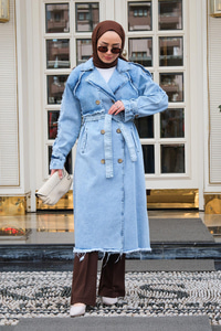 Püskül Detay Bel Bağlamalı Trençkot Buz Mavi