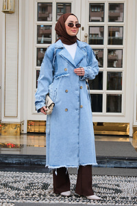 Püskül Detay Bel Bağlamalı Trençkot Buz Mavi