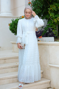 Püskül Detay Düğmeli Elbise Beyaz