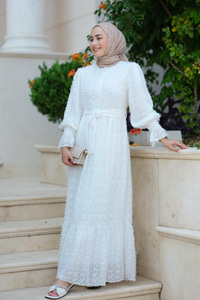 Püskül Detay Düğmeli Elbise Beyaz