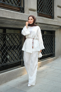 Püskül Detay Kimono İkili Takım Beyaz
