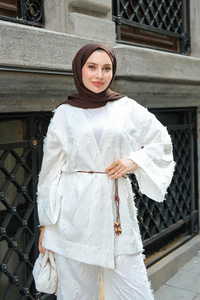 Püskül Detay Kimono İkili Takım Beyaz
