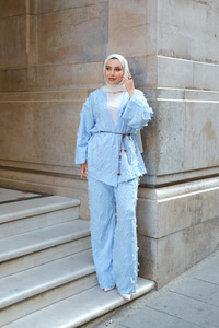 Püskül Detay Kimono İkili Takım Mavi