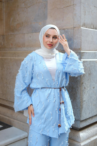 Püskül Detay Kimono İkili Takım Mavi