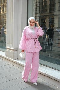 Püskül Detay Kimono İkili Takım Pembe