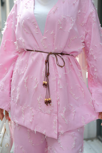 Püskül Detay Kimono İkili Takım Pembe