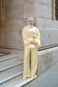 Püskül Detay Kimono İkili Takım Sarı