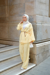 Püskül Detay Kimono İkili Takım Sarı