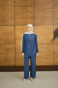 Regular Sıfır Yaka Arka Kesik Detay Takım İndigo Mavi