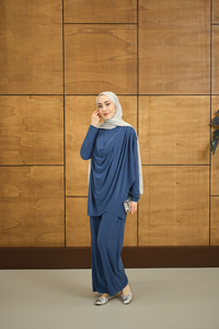 Regular Sıfır Yaka Arka Kesik Detay Takım İndigo Mavi