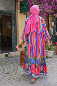 Renkli Çizgi Detay Elbise Açık Mavi