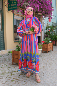 Renkli Çizgi Detay Elbise Açık Mavi