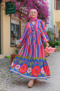 Renkli Çizgi Detay Elbise Açık Mavi