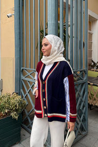 Renkli Örme Detay Hırka Bordo