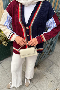 Renkli Örme Detay Hırka Bordo