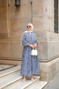 Retro Etnik Desenli Elbise Lacivert