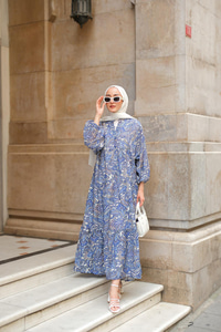 Retro Etnik Desenli Elbise Lacivert