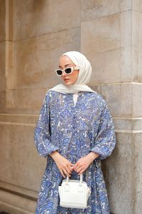 Retro Etnik Desenli Elbise Lacivert