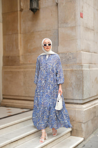 Retro Etnik Desenli Elbise Lacivert